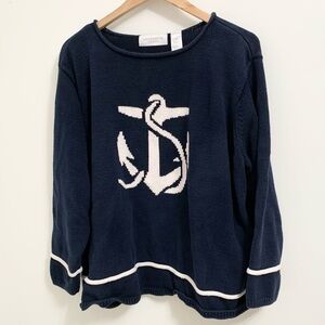 Vintage 3X Nautical Anchor 100% Cotton Sweater Pullover Boxy Navy & White